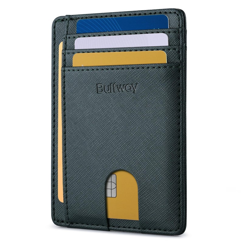 Buffway Slim Minimalist Front Pocket RFID Blocking Leather Wallets for Men and Women - Cross Blackish Green - Image 1